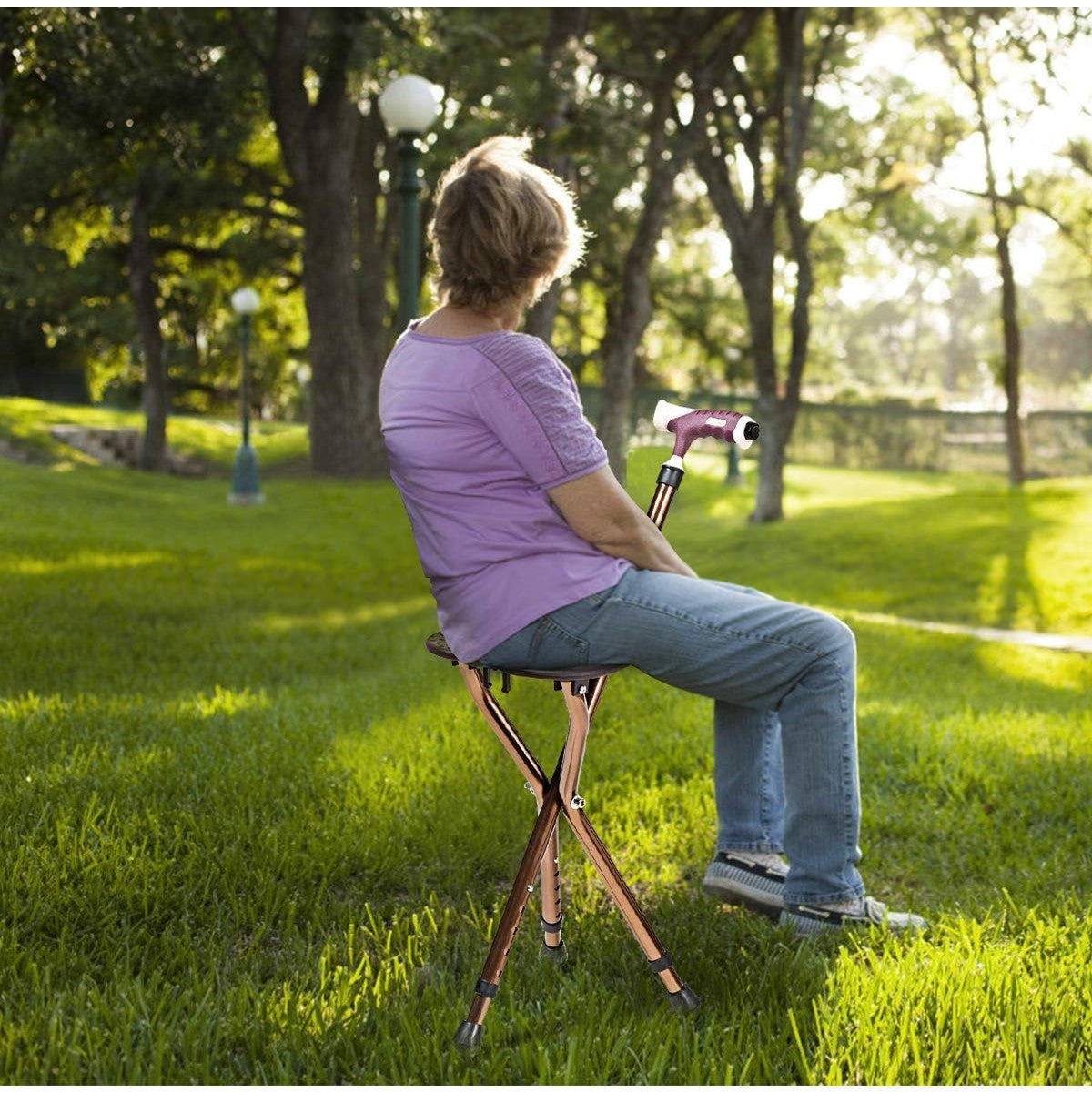 Foldable Walking Stick with Height Adjustment and LED Lighting and Seat Pad