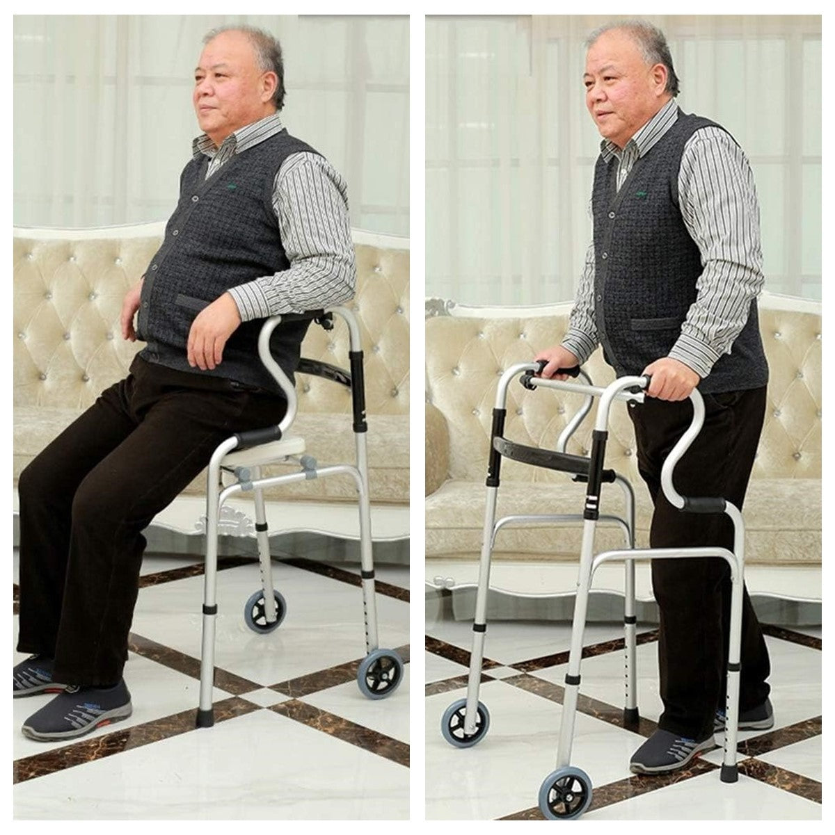 3 in 1 Adjustable Foldable Elderly Walking Frame Toilet Support with Shower Board and Wheels