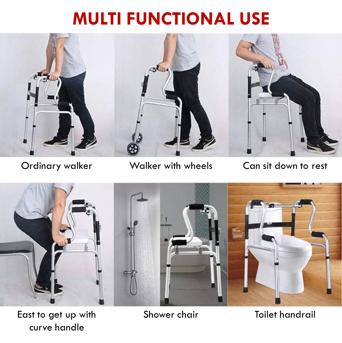 3 in 1 Adjustable Foldable Elderly Walking Frame Toilet Support with Shower Board and Wheels