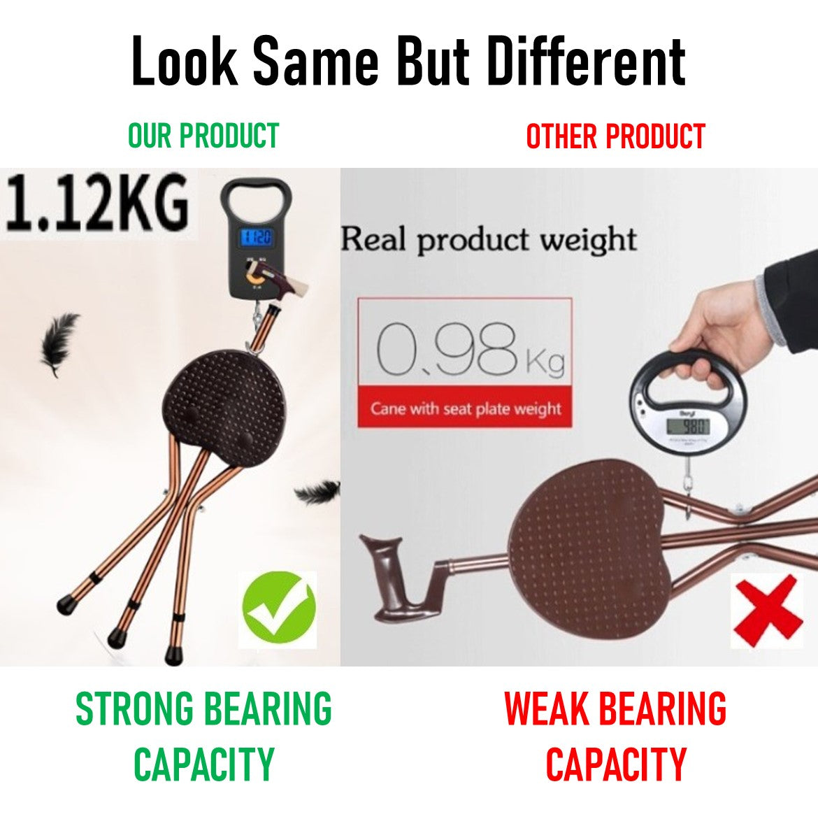 Foldable Walking Stick with Height Adjustment and LED Lighting and Seat Pad