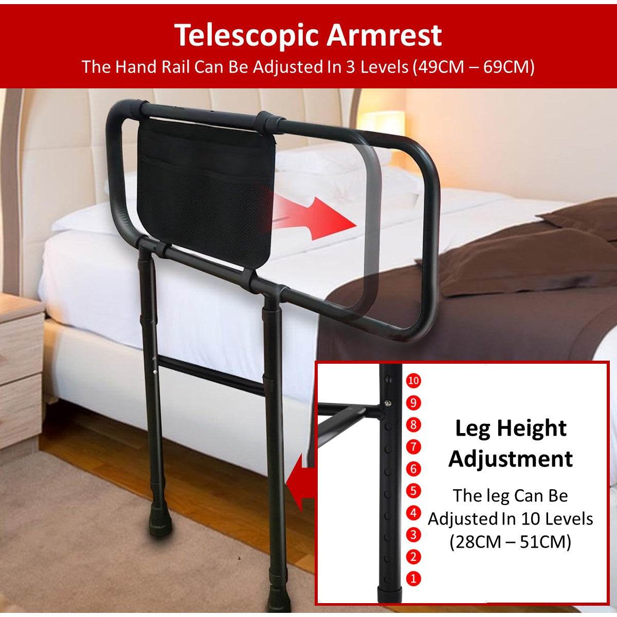 Bedside Armrest Grab Bar Safety Handrail With Extendable Armrest (Floor Type)