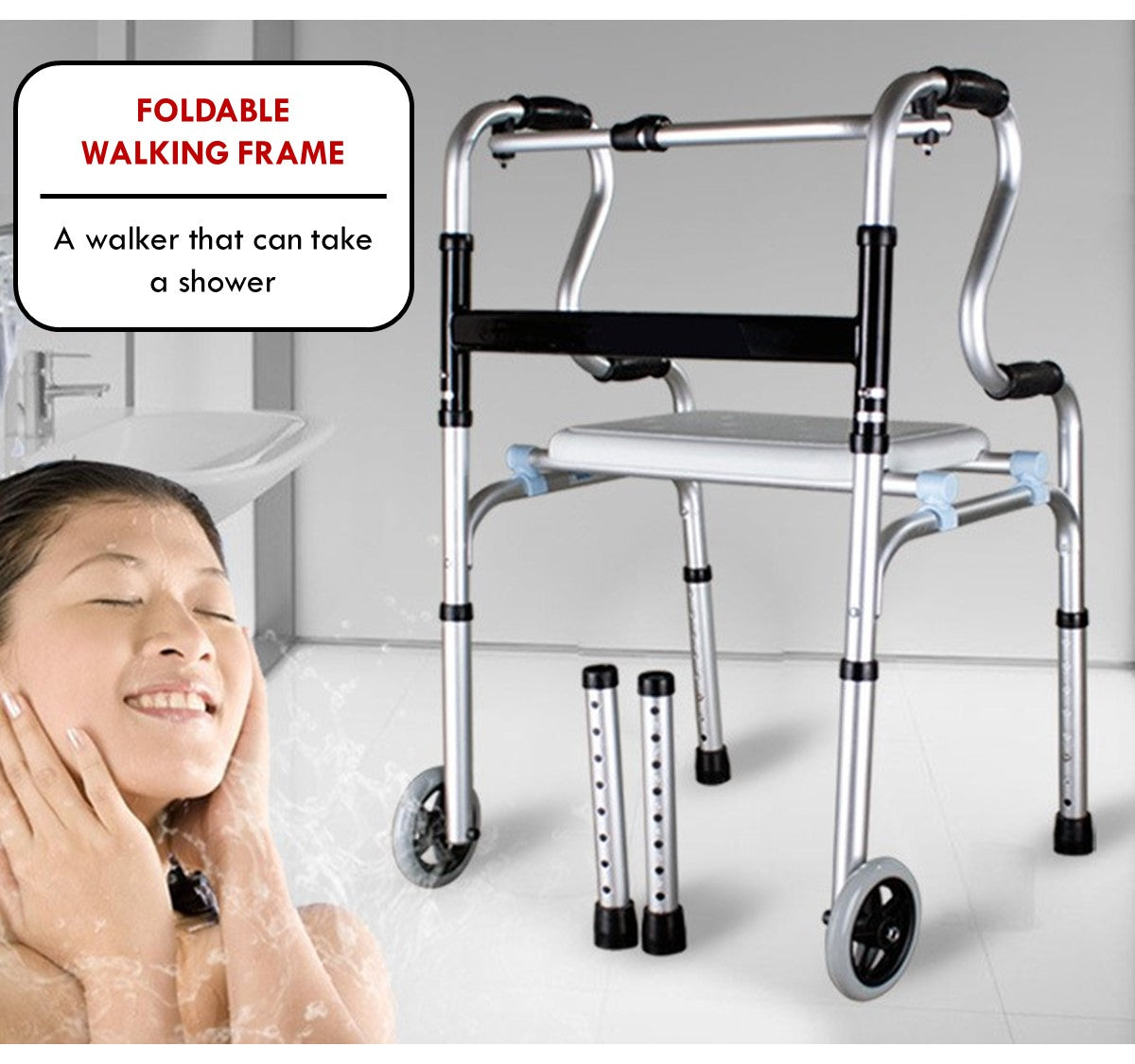 3 in 1 Adjustable Foldable Elderly Walking Frame Toilet Support with Shower Board and Wheels