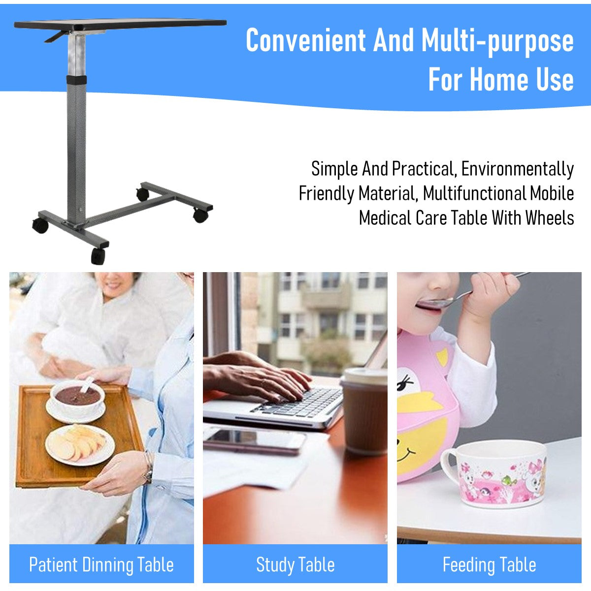 Mobile Adjustable Wheelchair Patient Dining Hospital Ward Bedside Nursing Table