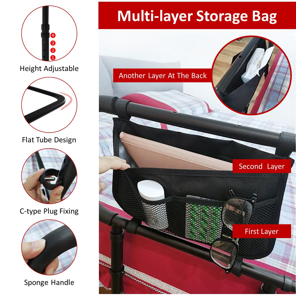 Bedside Armrest Grab Bar Safety Handrail With Extendable Armrest (Floor Type)