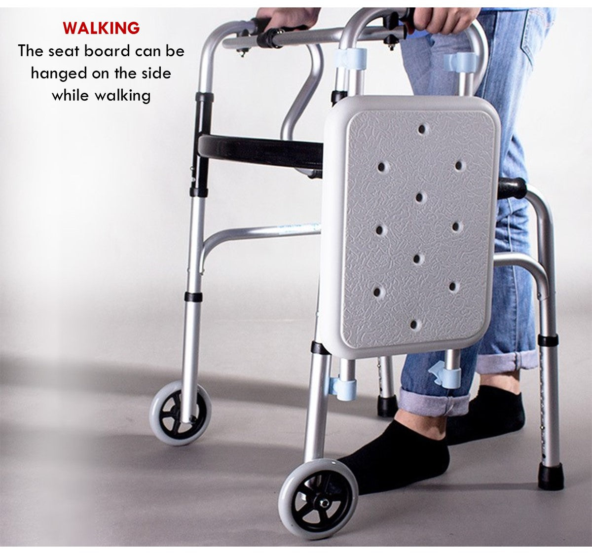 3 in 1 Adjustable Foldable Elderly Walking Frame Toilet Support with Shower Board and Wheels