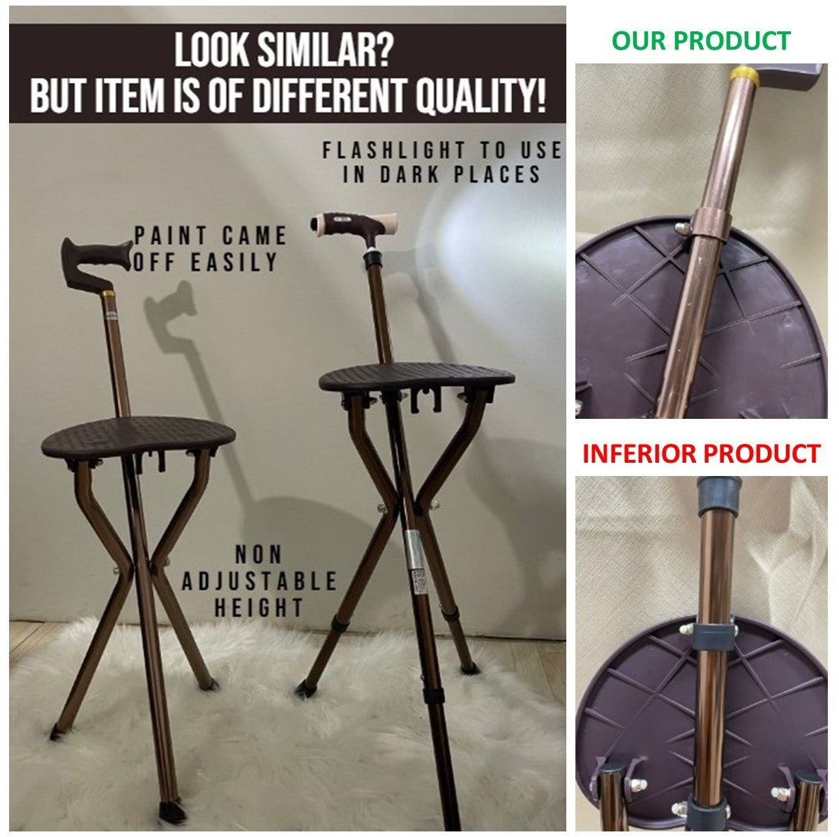 Foldable Walking Stick with Height Adjustment and LED Lighting and Seat Pad