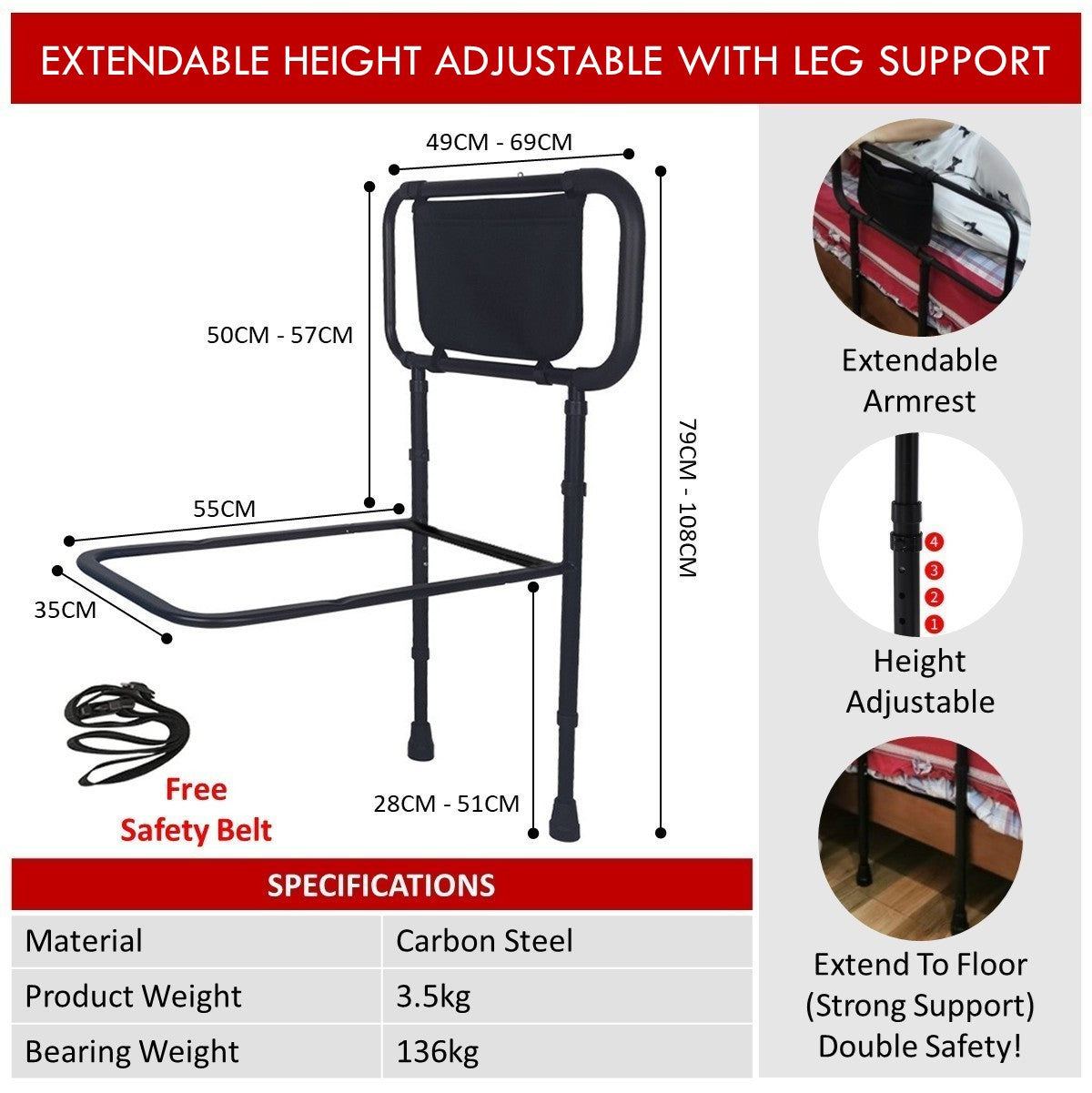 Bedside Armrest Grab Bar Safety Handrail With Extendable Armrest (Floor Type)
