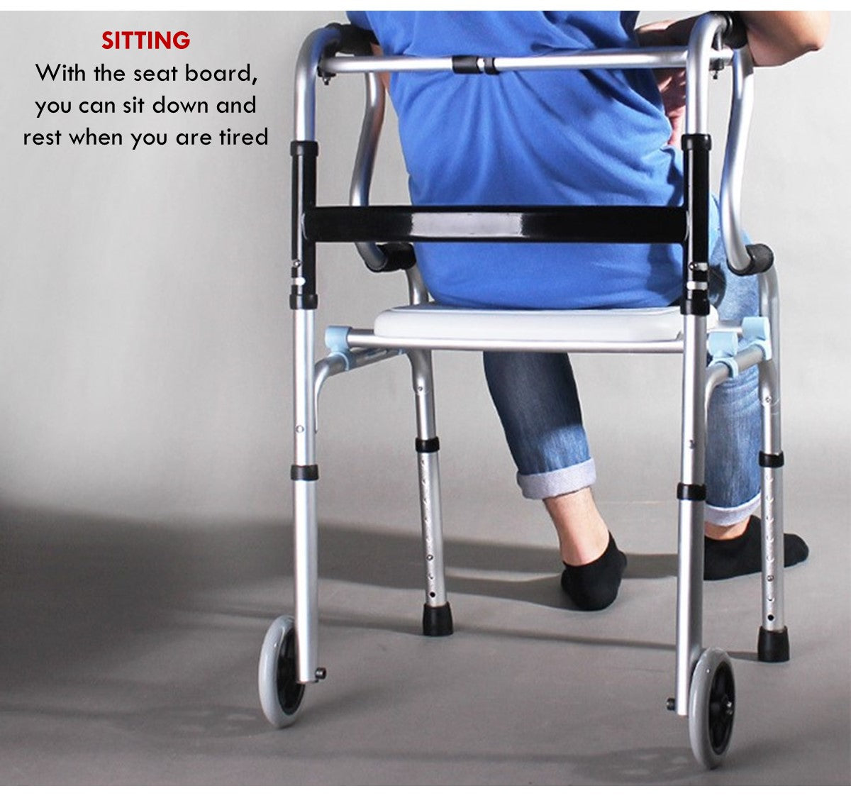 3 in 1 Adjustable Foldable Elderly Walking Frame Toilet Support with Shower Board and Wheels