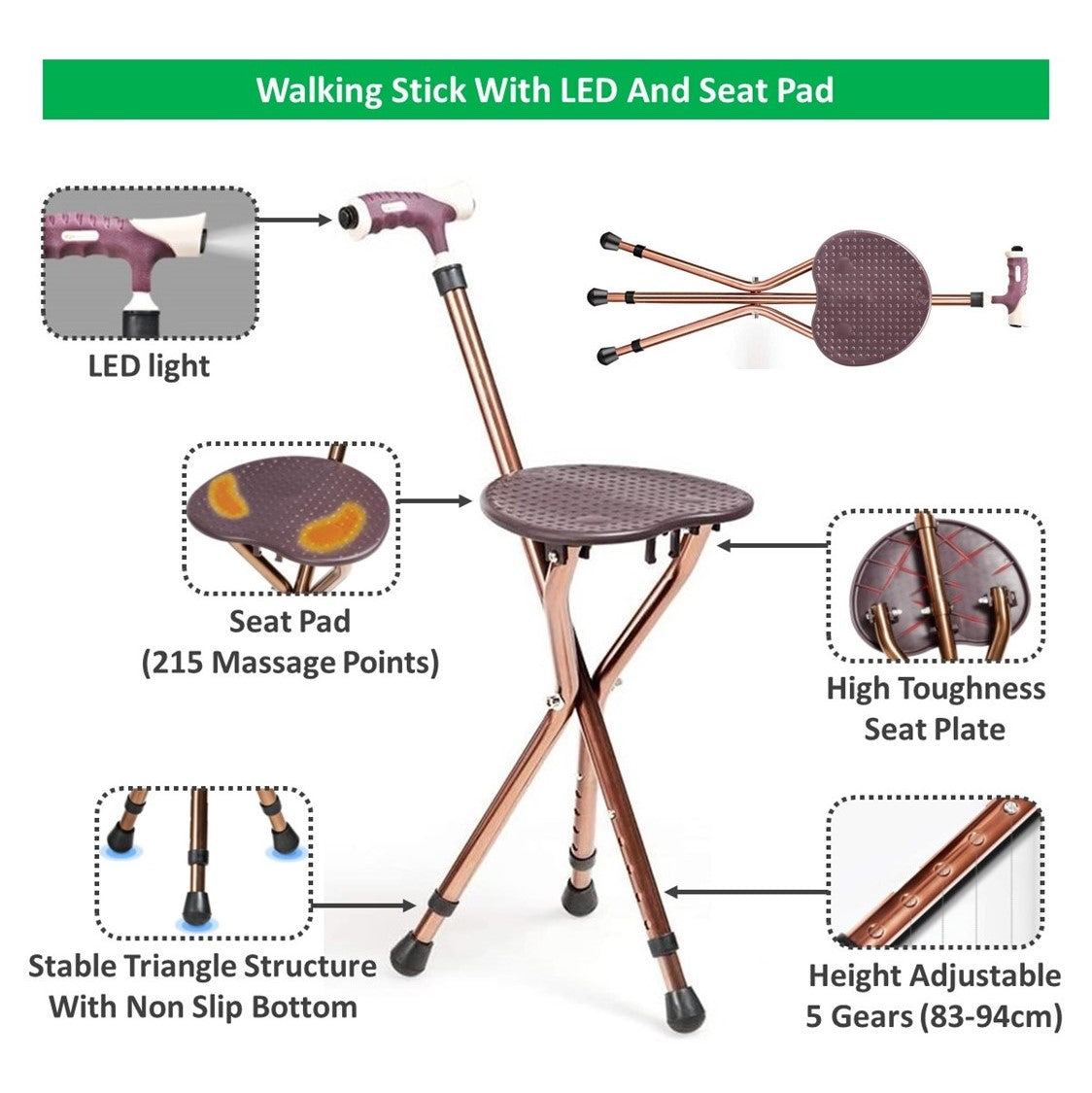 Foldable Walking Stick with Height Adjustment and LED Lighting and Seat Pad