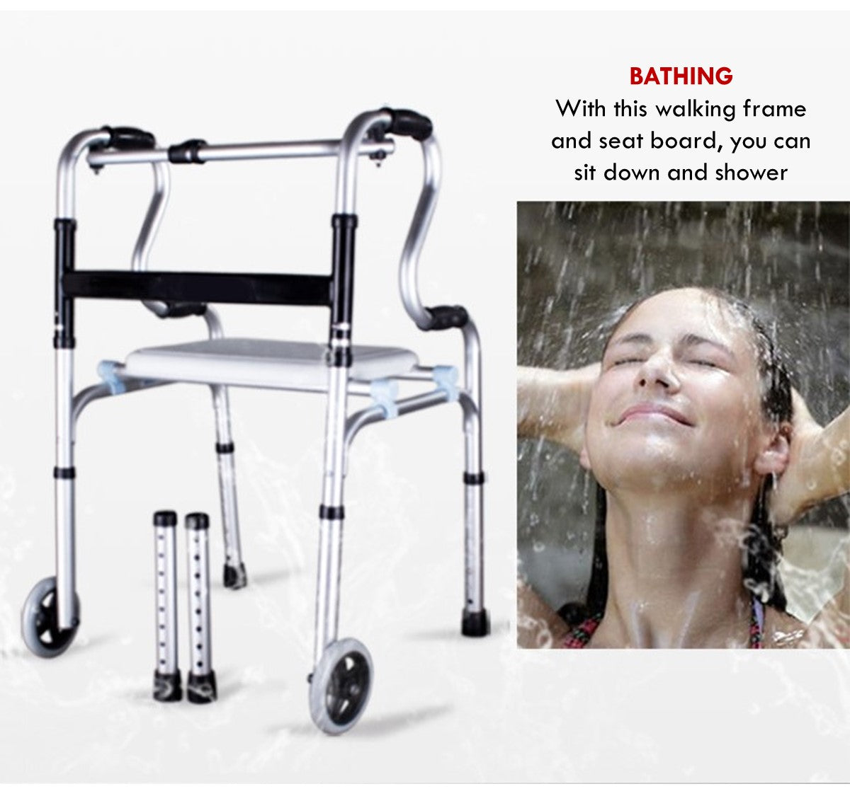 3 in 1 Adjustable Foldable Elderly Walking Frame Toilet Support with Shower Board and Wheels