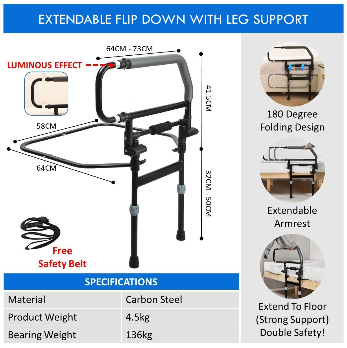 180 Degree Fold Down Bedside Armrest Grab Bar Safety Handrail With Extendable Armrest And Luminous Light (Floor Type)