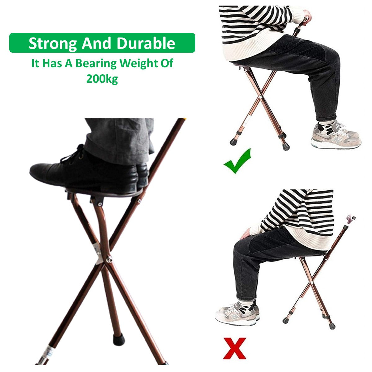 Foldable Walking Stick with Height Adjustment and LED Lighting and Seat Pad