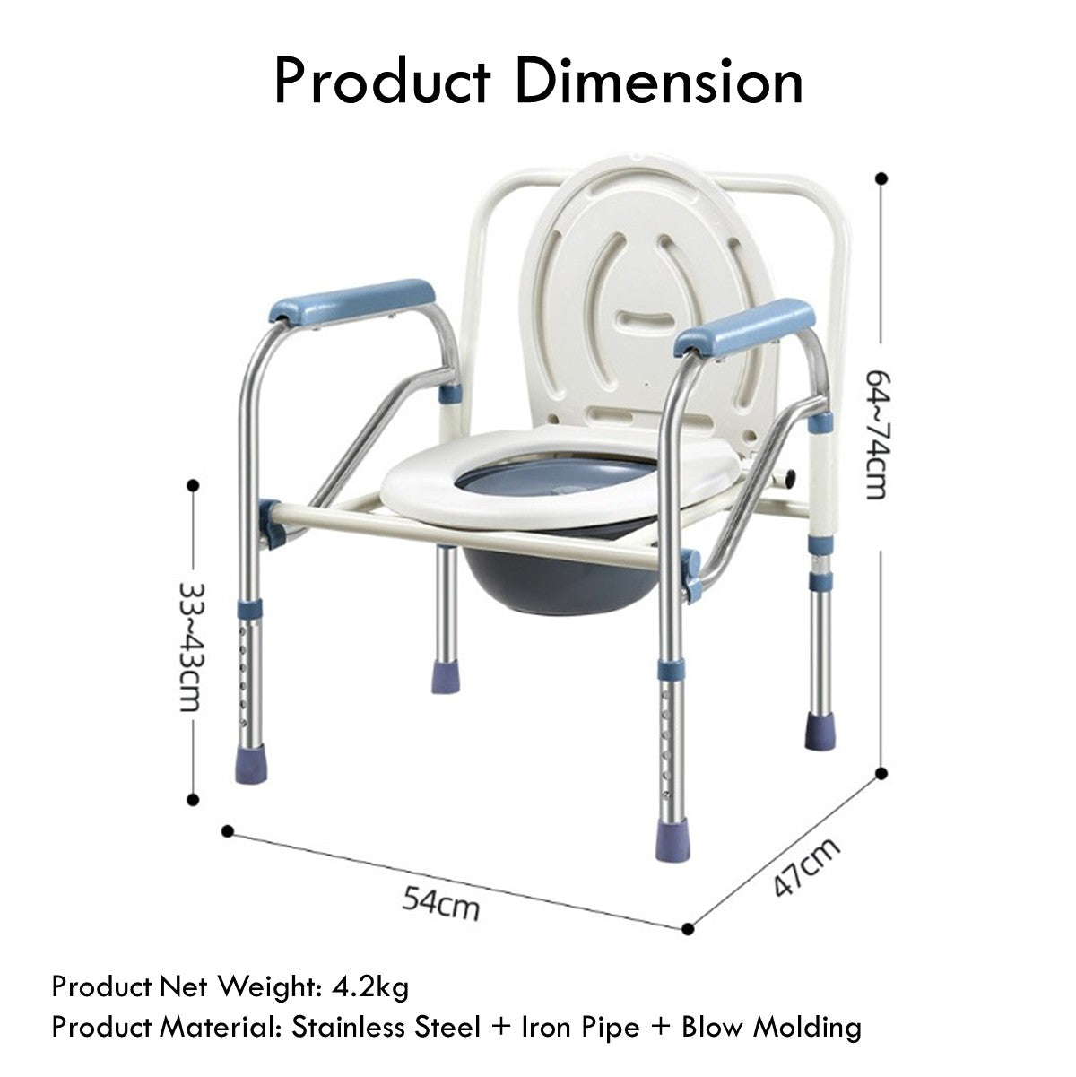 Portable Potty Chair Toilet Foldable Adjustable Commodes Chair Close Stool Chamber Pot Stainless Steel