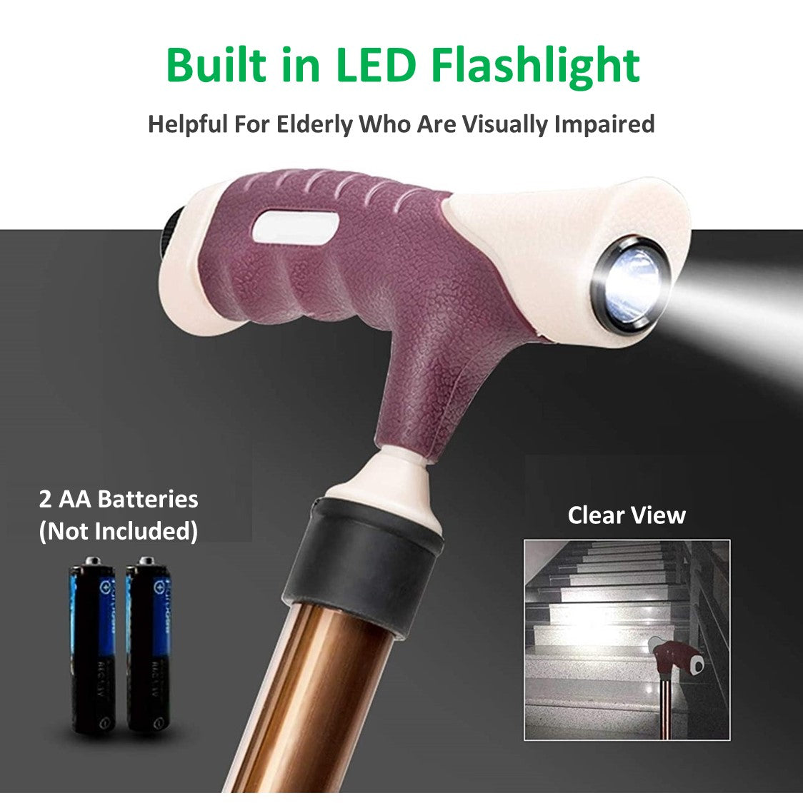 Foldable Walking Stick with Height Adjustment and LED Lighting and Seat Pad