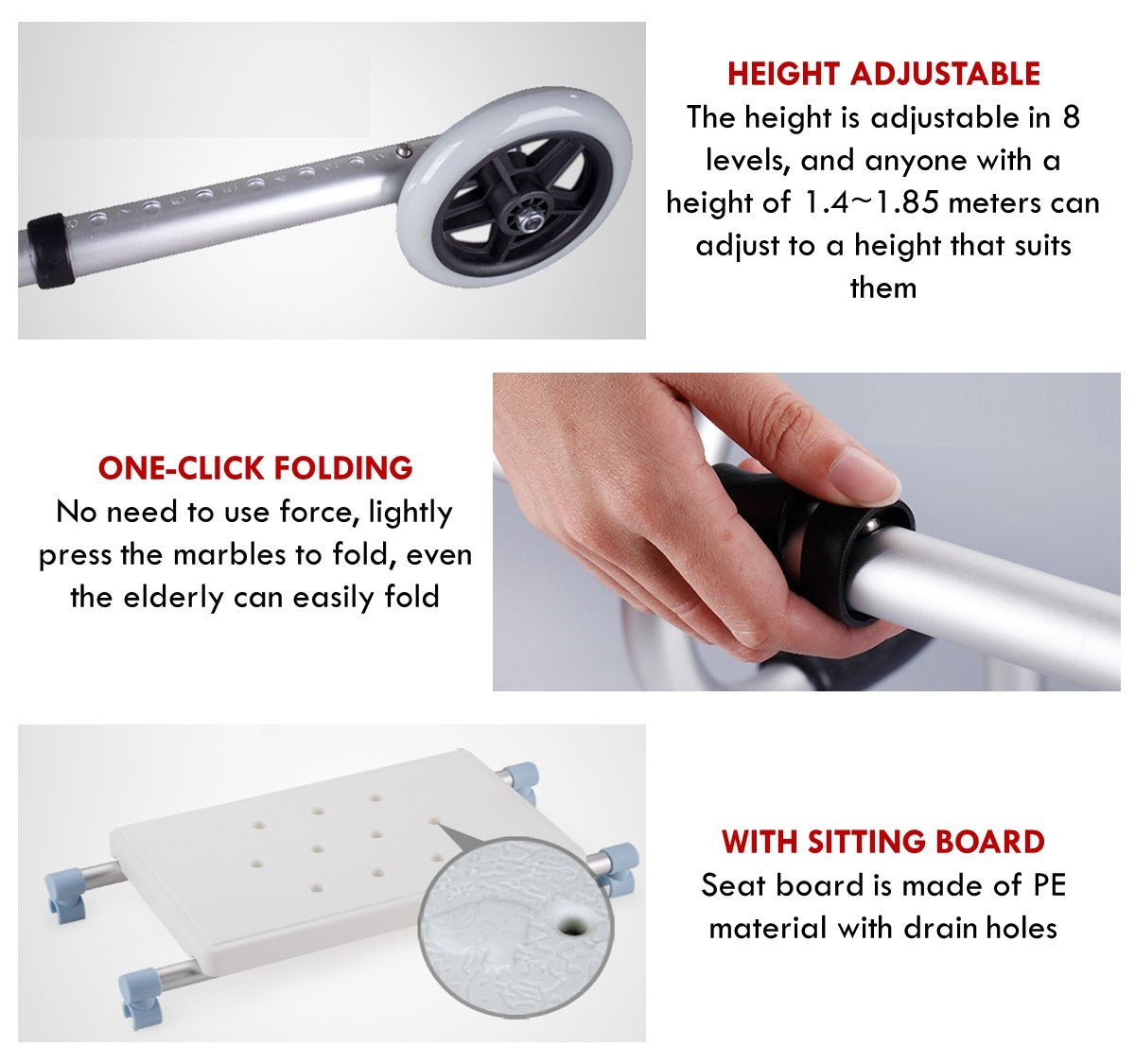 3 in 1 Adjustable Foldable Elderly Walking Frame Toilet Support with Shower Board and Wheels