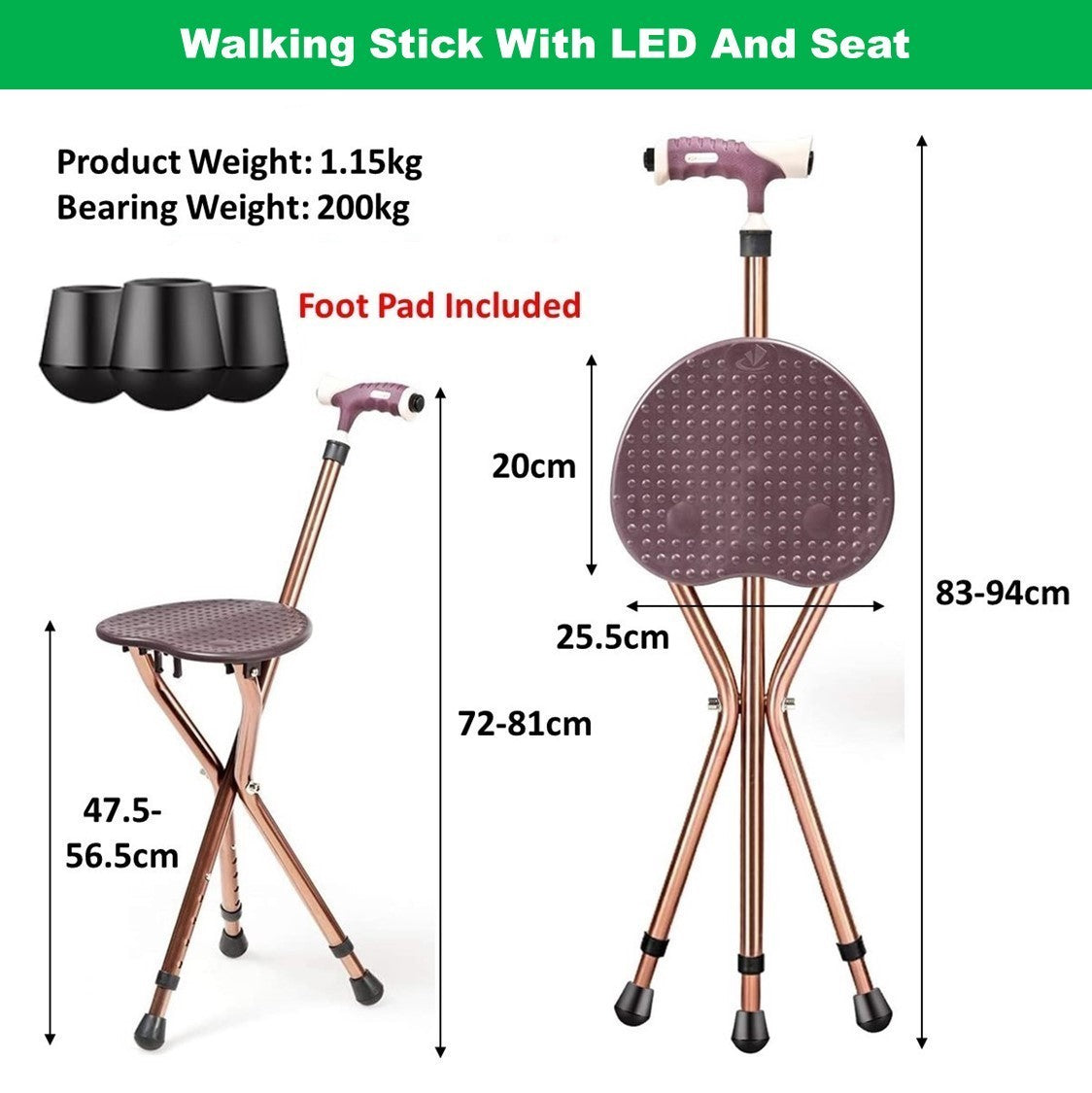 Foldable Walking Stick with Height Adjustment and LED Lighting and Seat Pad
