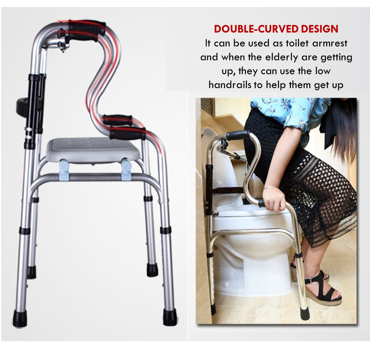 3 in 1 Adjustable Foldable Elderly Walking Frame Toilet Support with Shower Board and Wheels