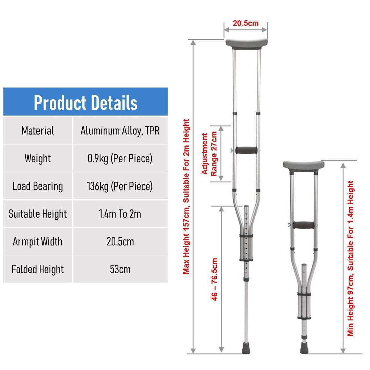 Foldable Underarm Crutches With Height Adjustment (A Pair)