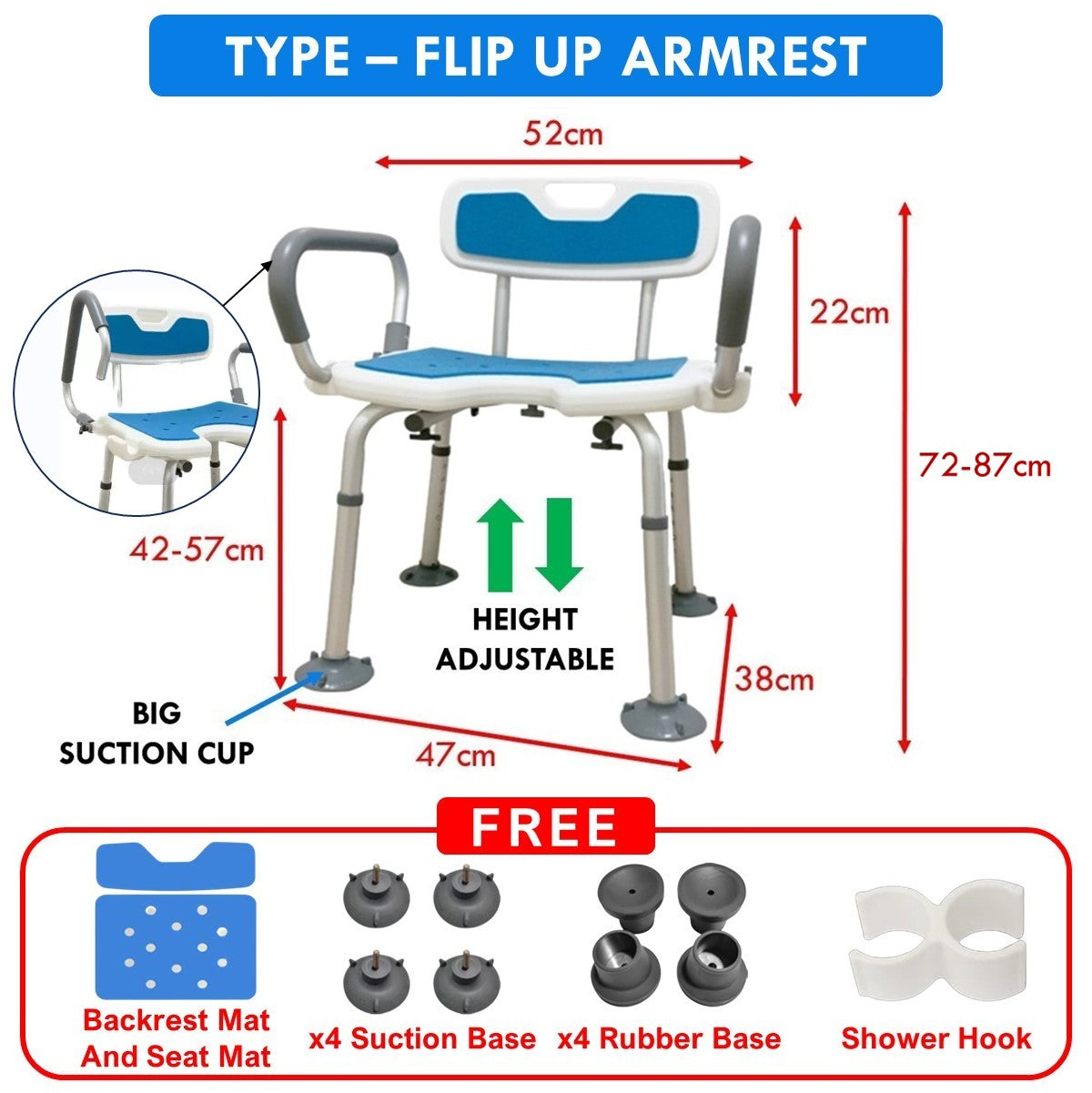 Shower Chair With Flip Up Armrest And Backrest
