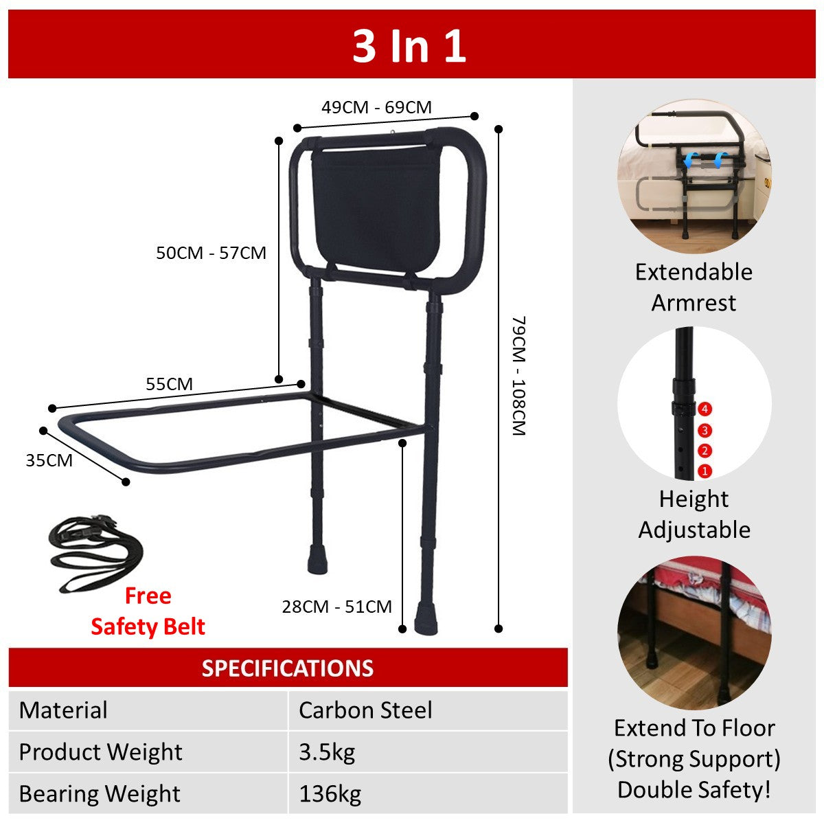 Bedside Armrest Grab Bar Safety Handrail With Extendable Armrest (Floor Type)