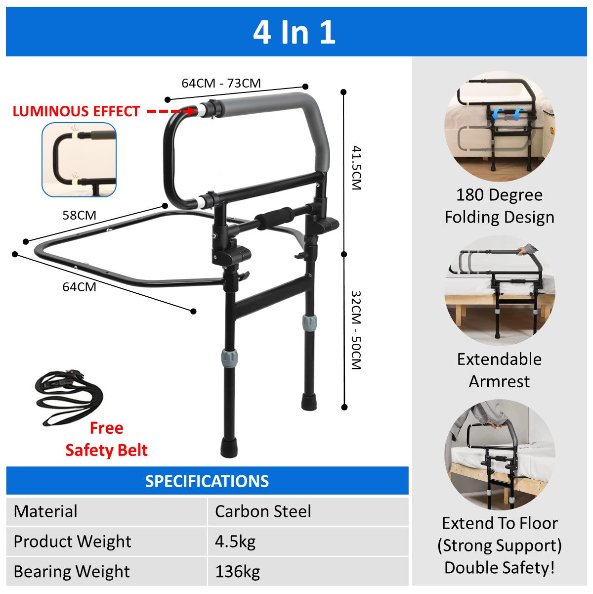 180 Degree Fold Down Bedside Armrest Grab Bar Safety Handrail With Extendable Armrest And Luminous Light (Floor Type)