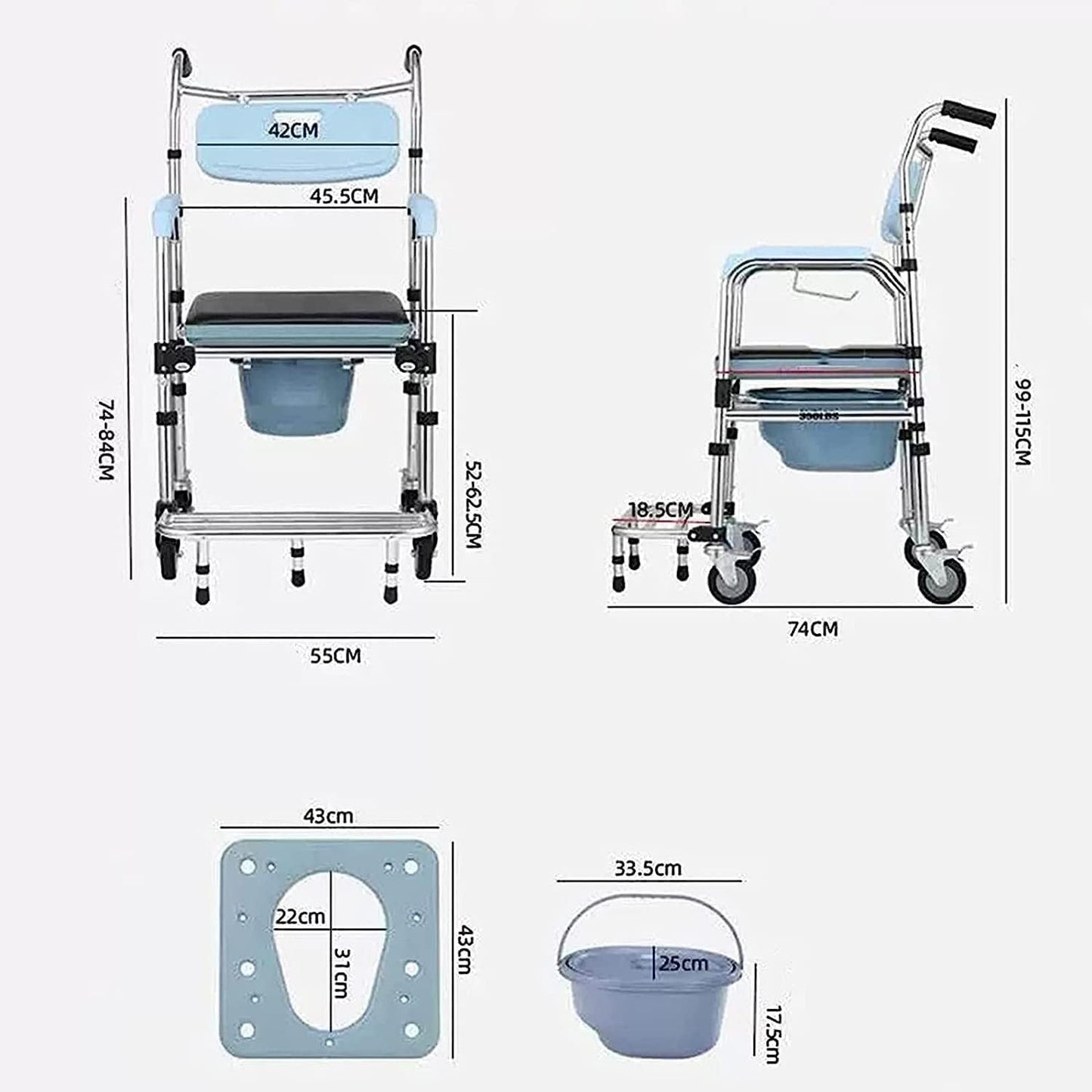 Aluminum Alloy Commode Chair Toilet Chair Shower Chair With Wheels And Footrest And Anti-Tipper