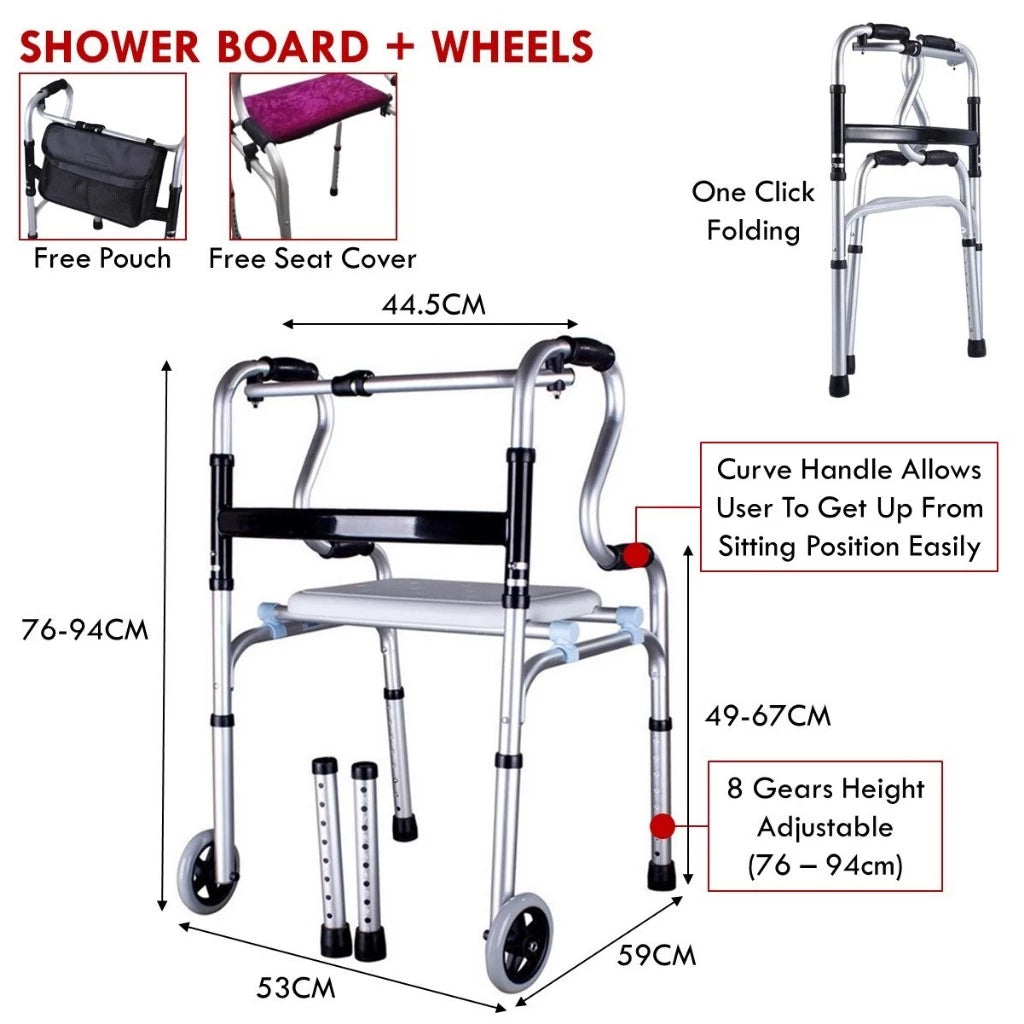 3 in 1 Adjustable Foldable Elderly Walking Frame Toilet Support with Shower Board and Wheels