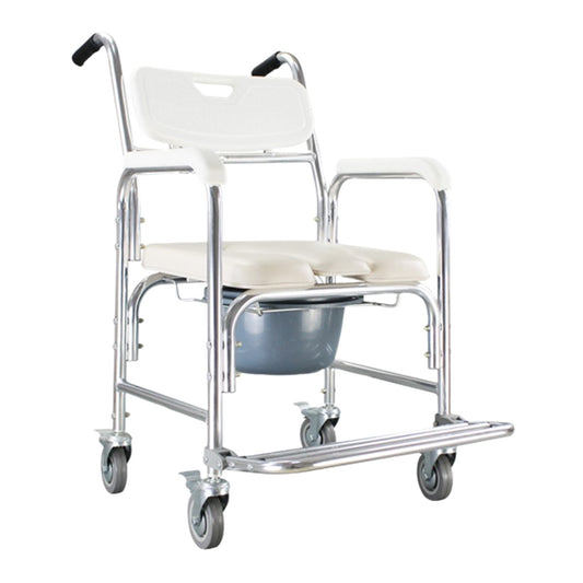 Commode Chair Aluminum Alloy with Wheels, Footrest & Sponge Cushion