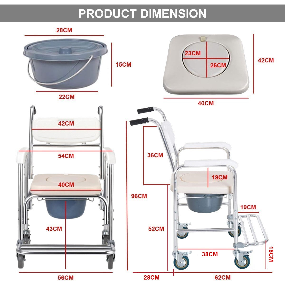 Commode Chair Aluminum Alloy with Wheels and Footrest