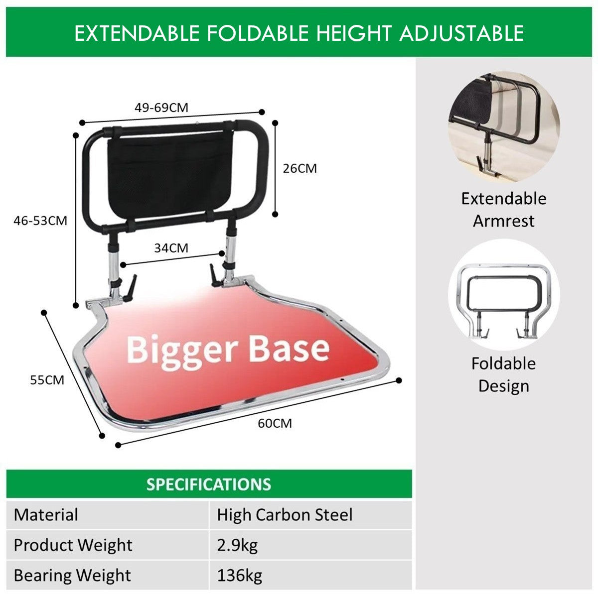 Bedside Armrest Grab Bar Safety Handrail With Extendable Armrest