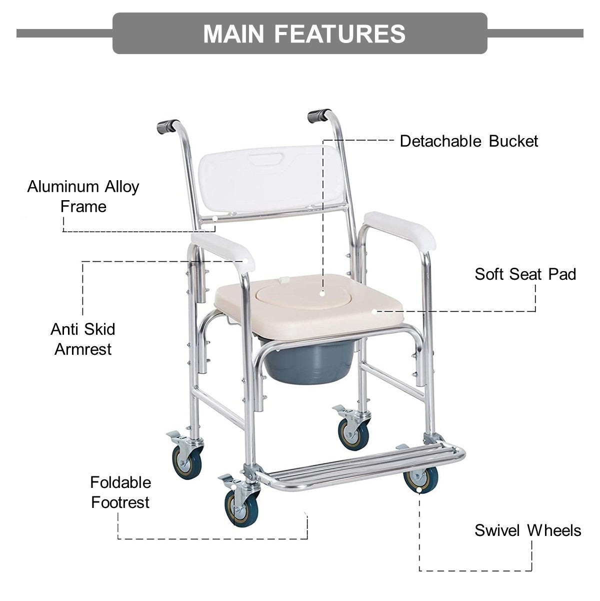 Commode Chair Aluminum Alloy with Wheels and Footrest