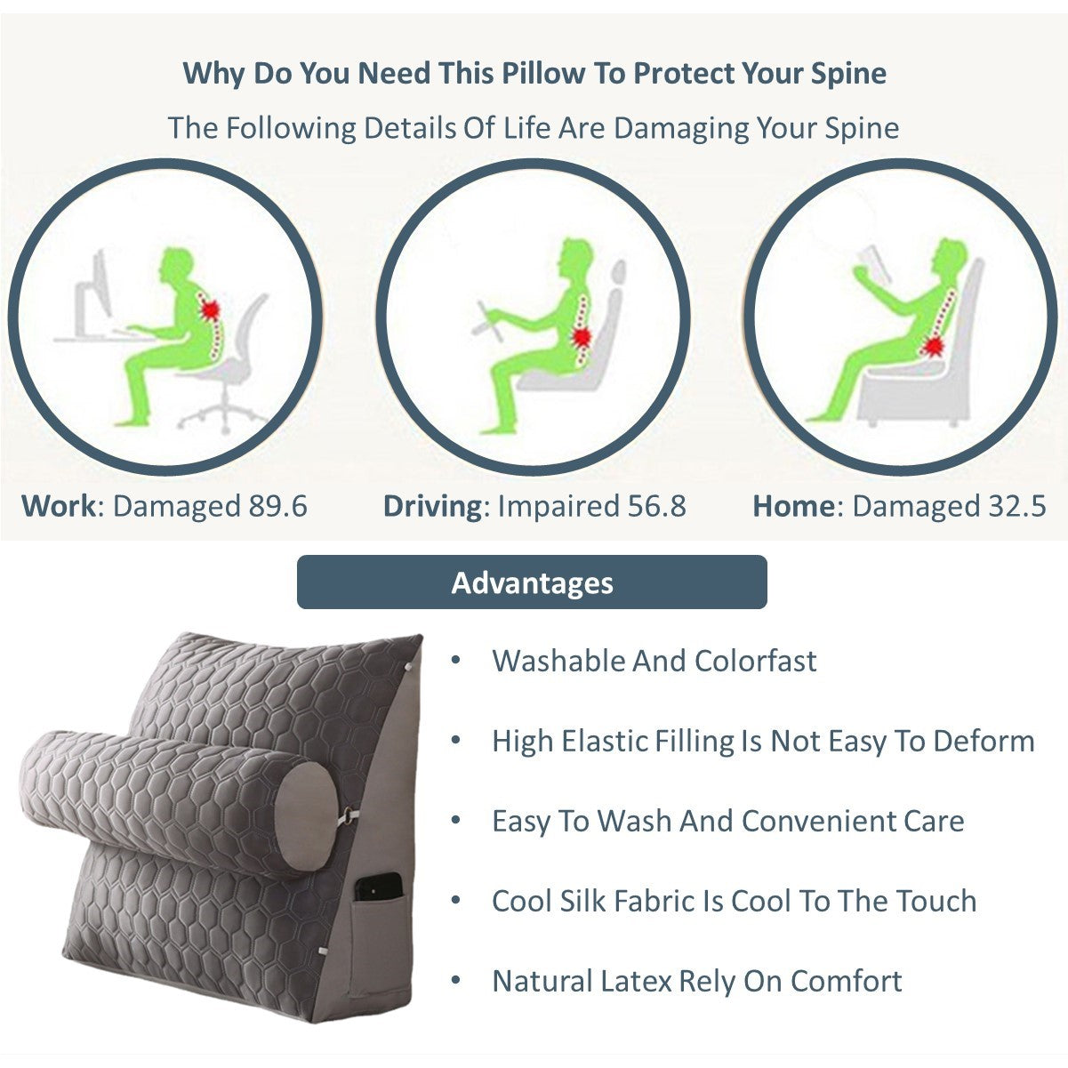 Cooling Ice Silk Latex Wedge Cushion Sofa Cushion Bolster Pillow Bedding