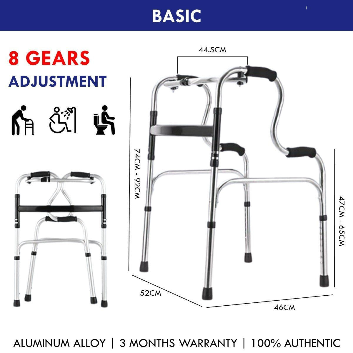 3 in 1 Adjustable Foldable Elderly Walking Frame Toilet Support with Shower Board and Wheels