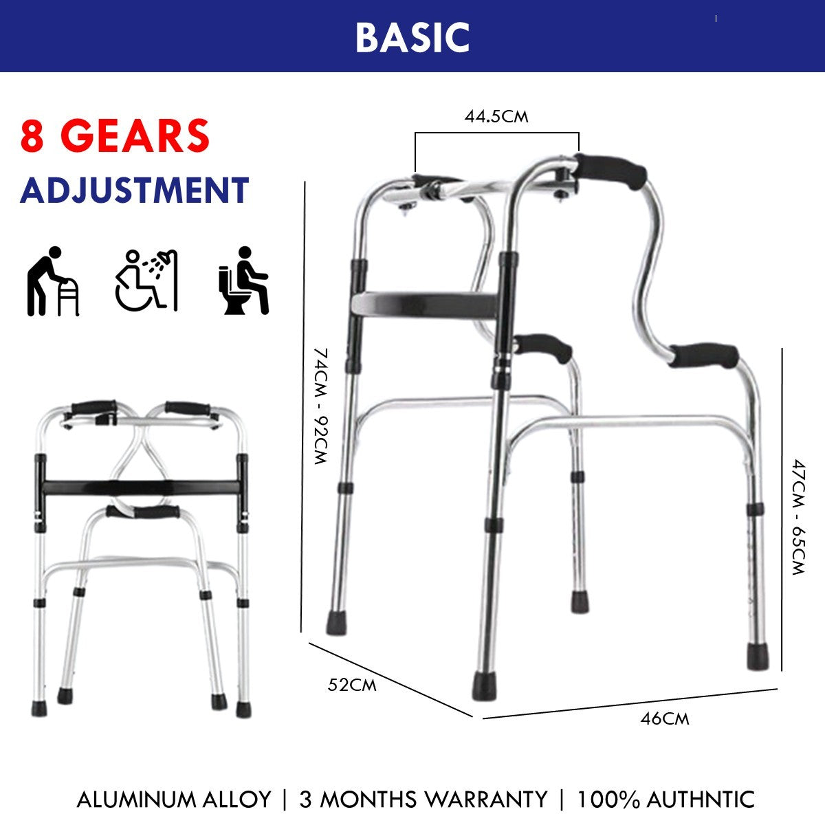 3 in 1 Adjustable Foldable Elderly Walking Frame Toilet Support with Shower Board and Wheels