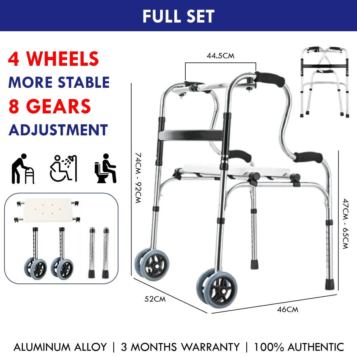 3 in 1 Adjustable Foldable Elderly Walking Frame Toilet Support with Shower Board and Wheels