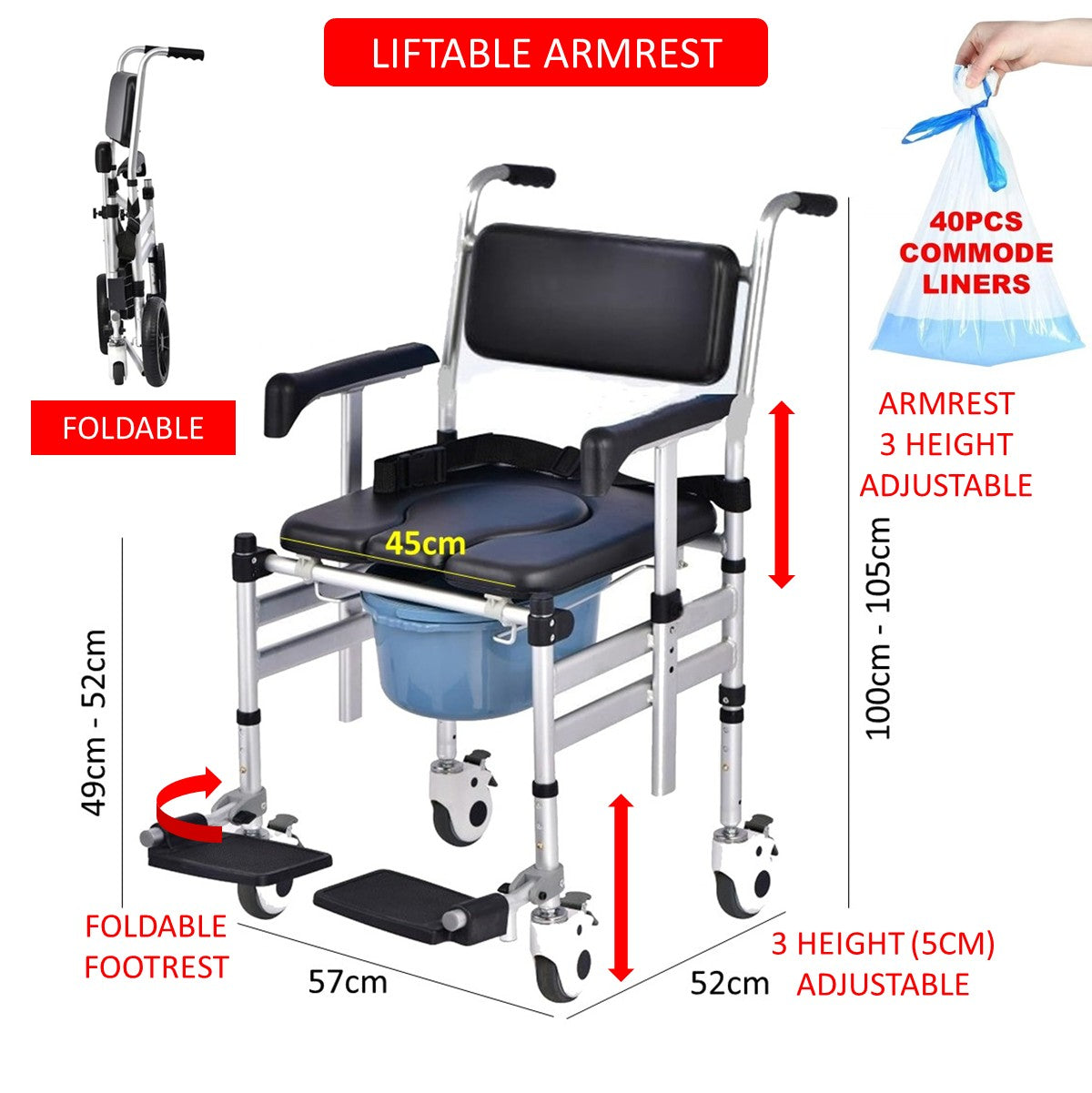 Foldable Commode Chair Aluminum Alloy With Height Adjustment
