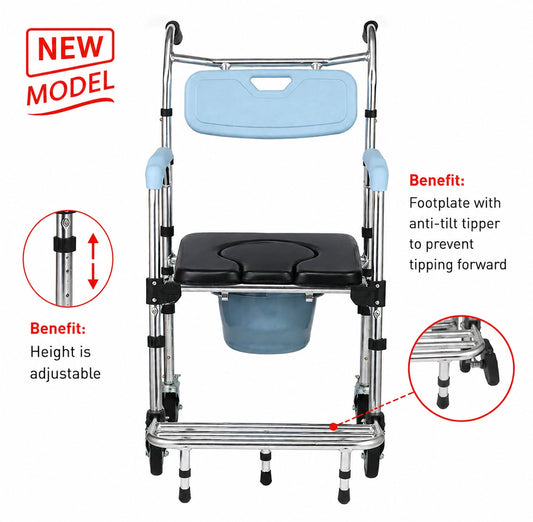 Aluminum Alloy Commode Chair Toilet Chair Shower Chair With Wheels And Footrest And Anti-Tipper