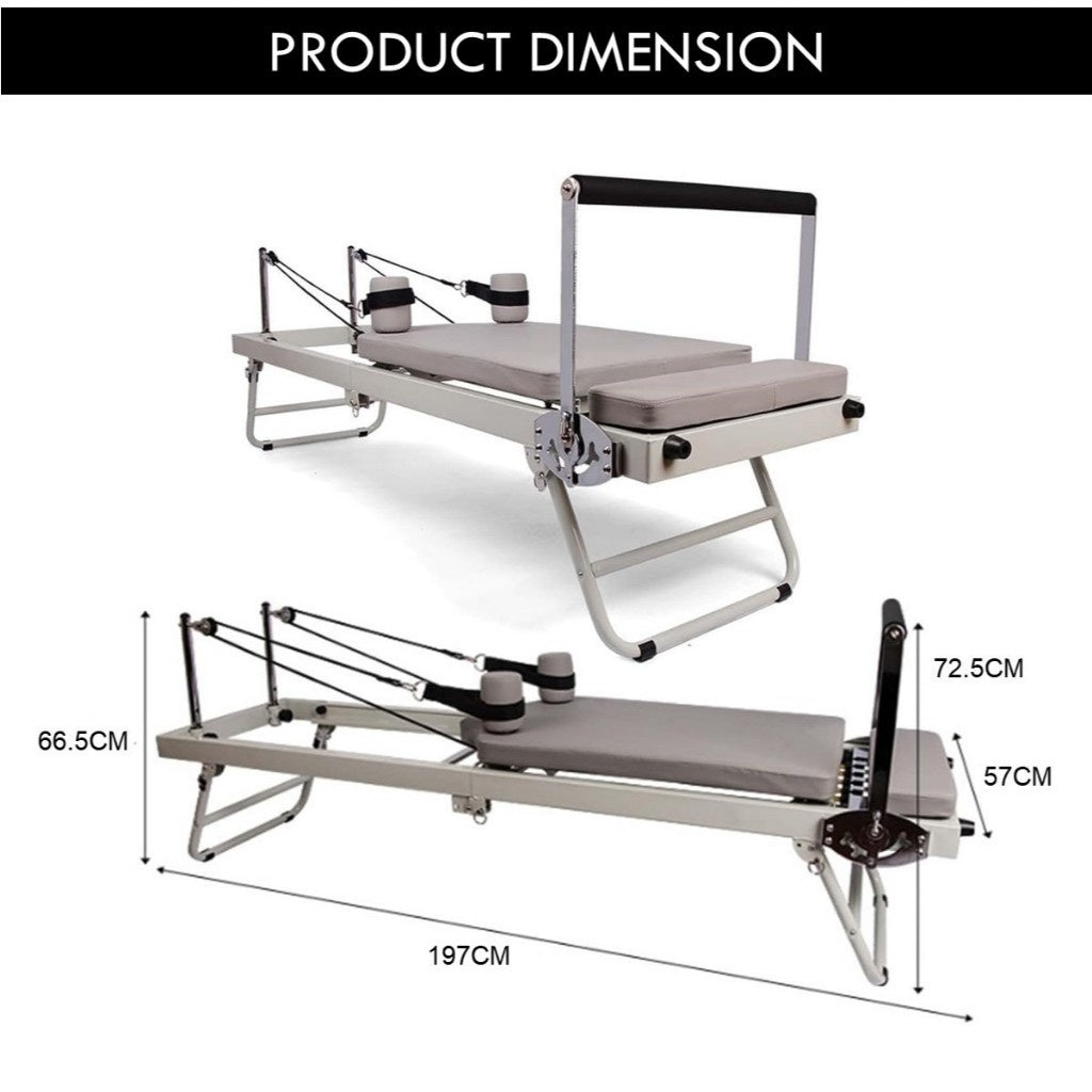 Foldable Pilates Reformer Machine Adjustable Resistance Fitness Equipment with Springs and Latex Tubes