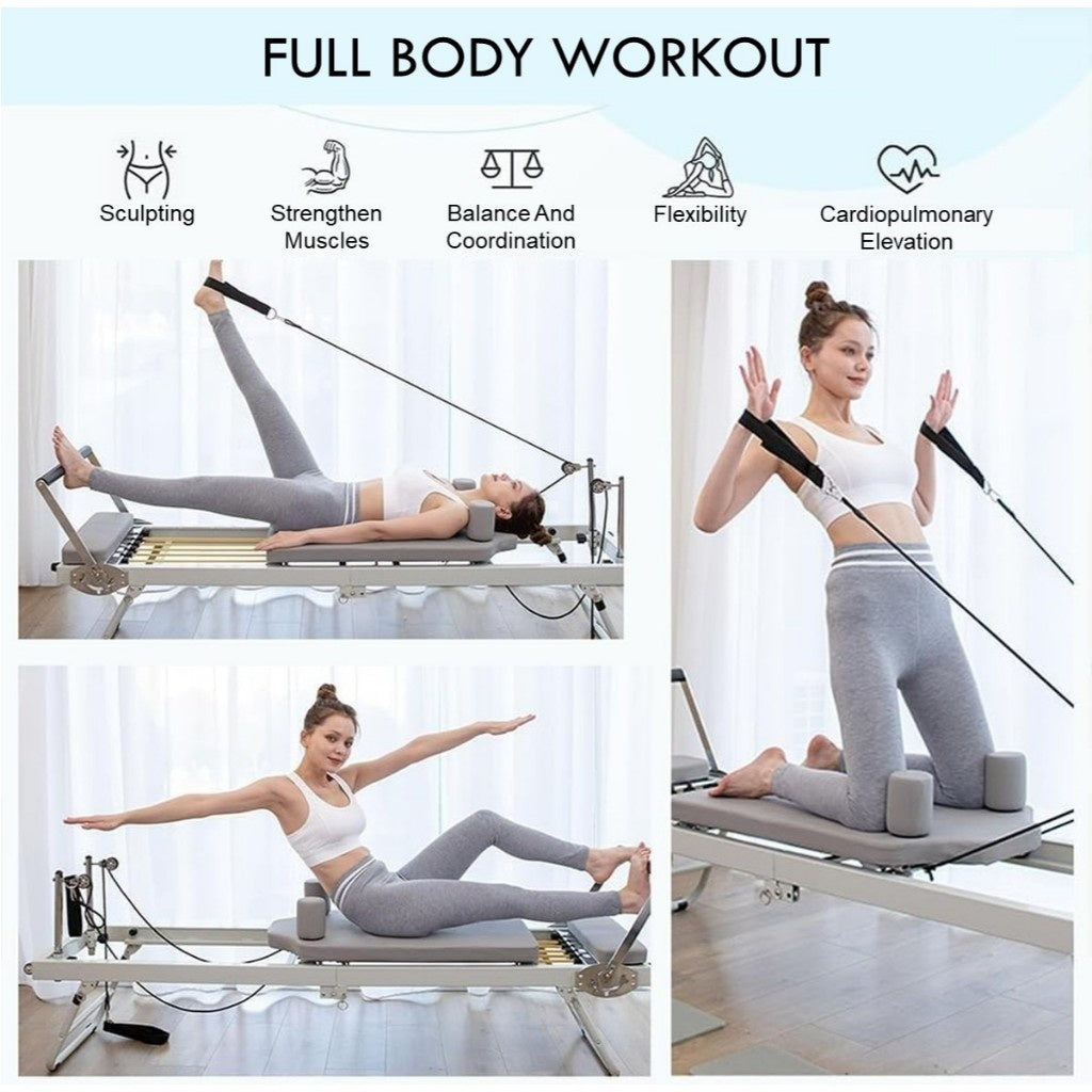 Foldable Pilates Reformer Machine Adjustable Resistance Fitness Equipment with Springs and Latex Tubes