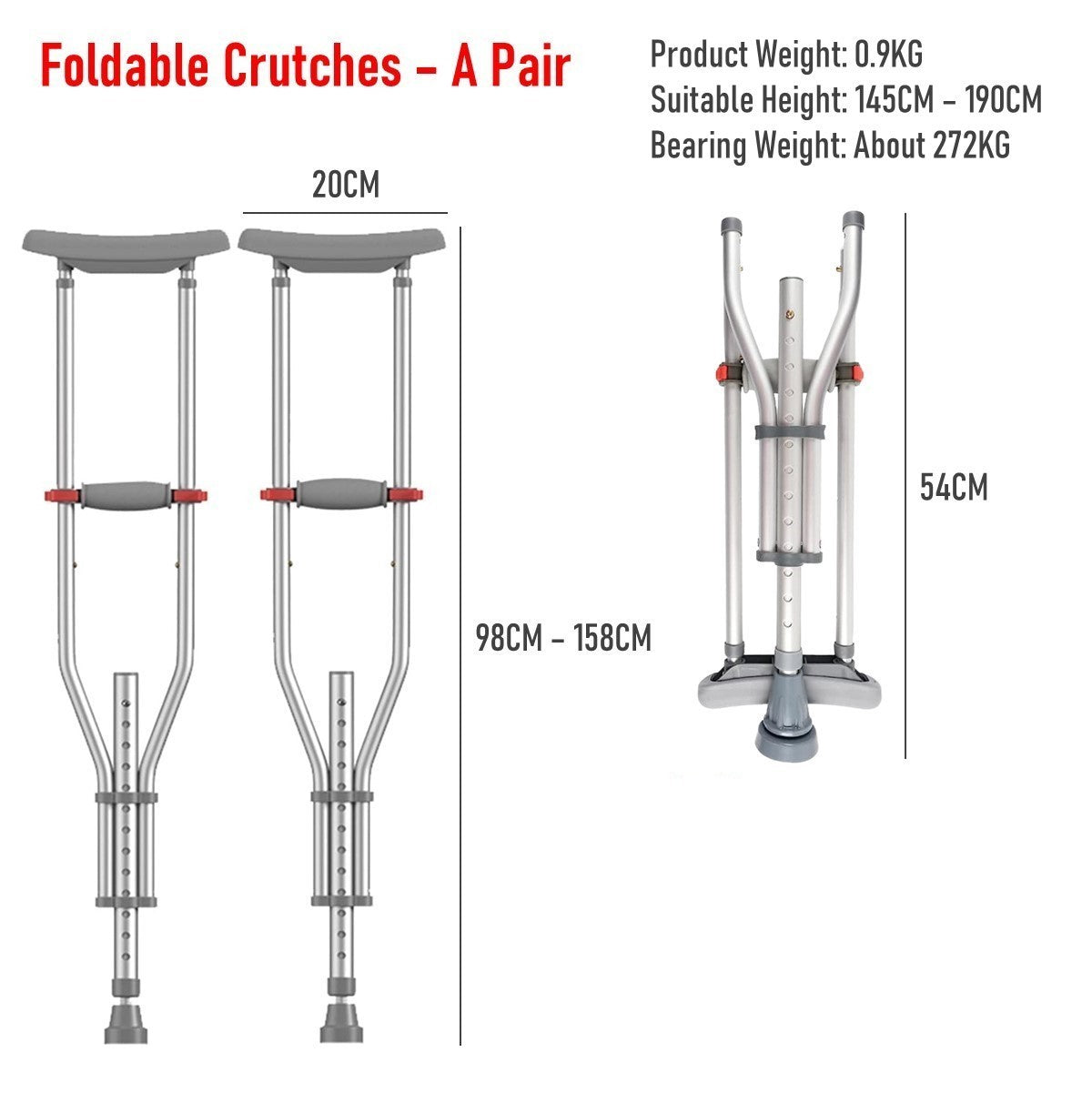 Foldable Underarm Crutches With Height Adjustment (A Pair)
