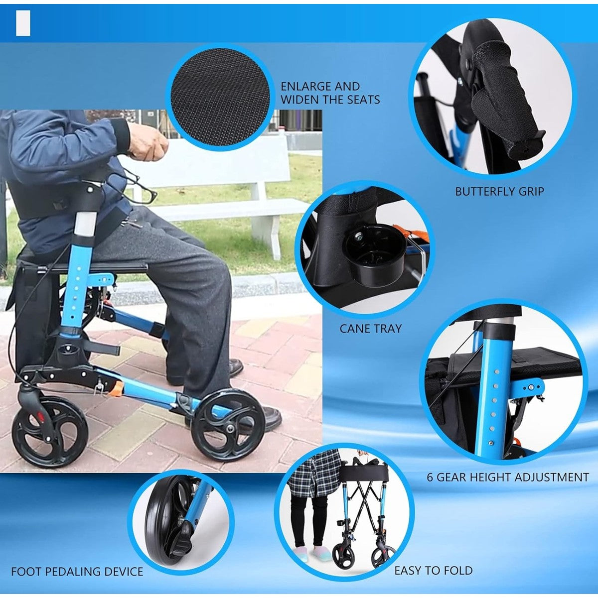 Foldable Elderly Rollator Elderly Walker With Seat, Basket and Wheels