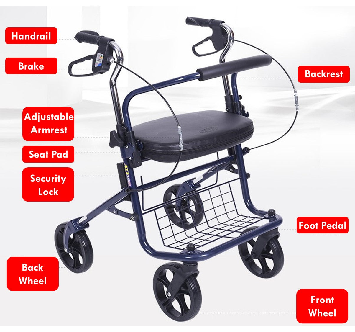 Foldable Elderly Rollator Elderly Walker with Seat, Basket and