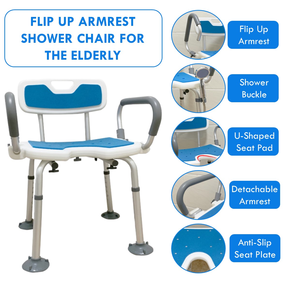 Shower Chair with Detachable Fold Up Armrests