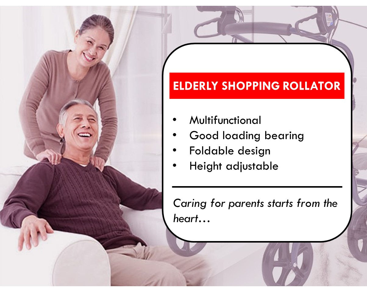 Foldable Elderly Rollator Elderly Walker with Seat, Basket and Wheels