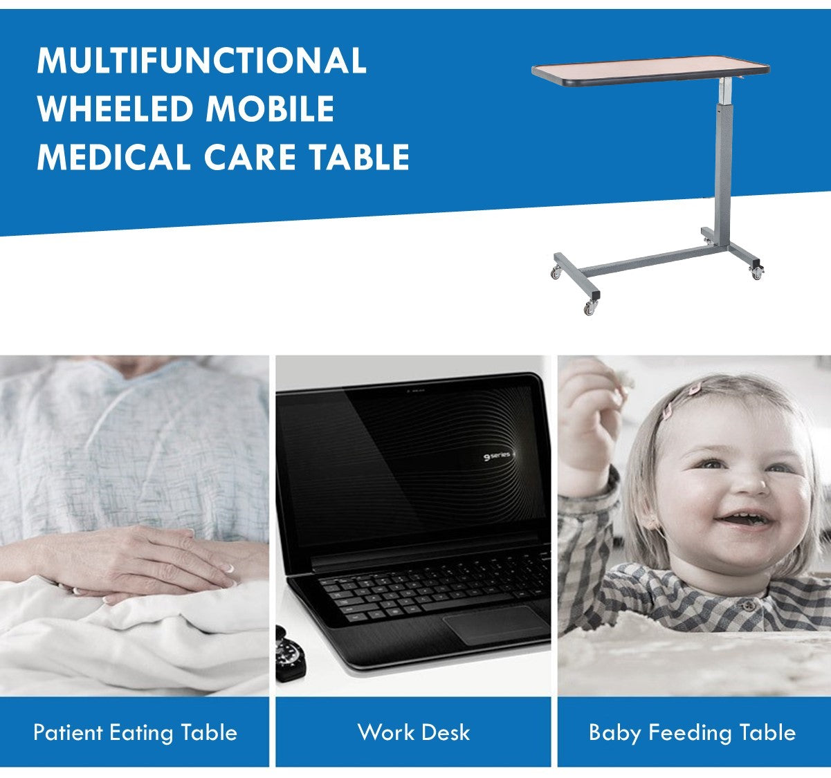 Mobile Adjustable Wheelchair Patient Dining Hospital Ward Bedside Nursing Table