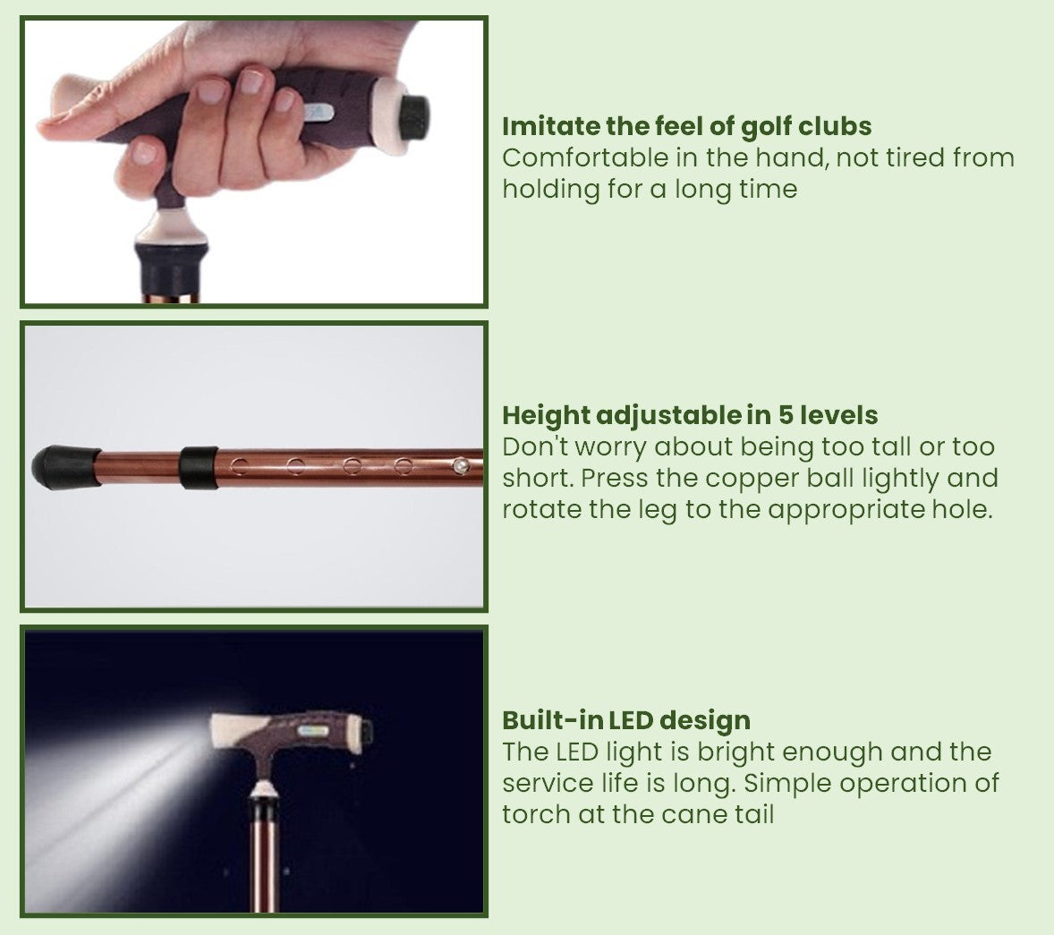 Foldable Walking Stick with Height Adjustment and LED Lighting and Seat Pad